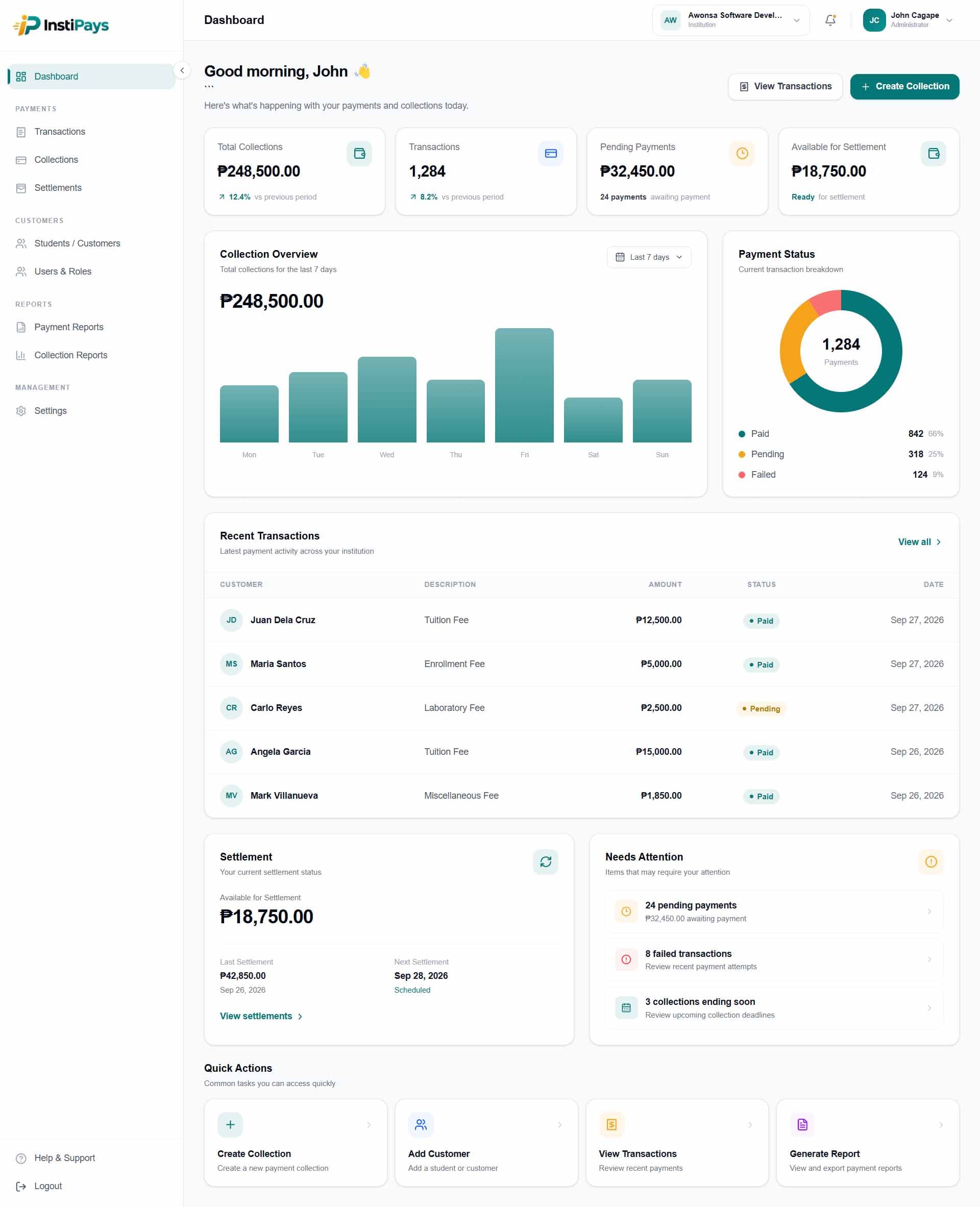InstiPays payment management dashboard